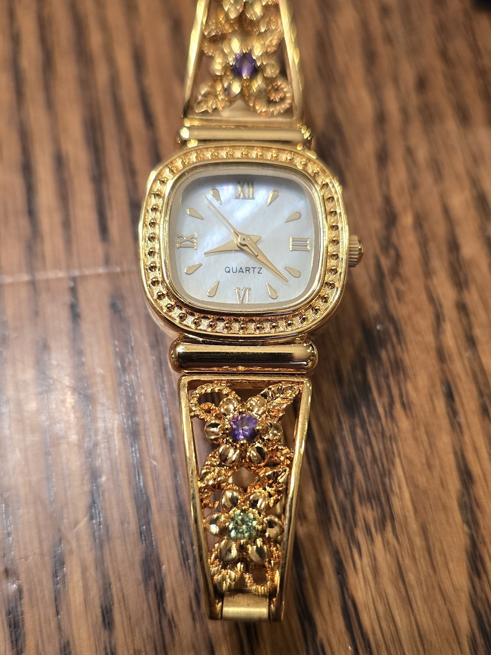 Gold Tone Women's Quartz Floral Bracelet Watch with Purple Accents